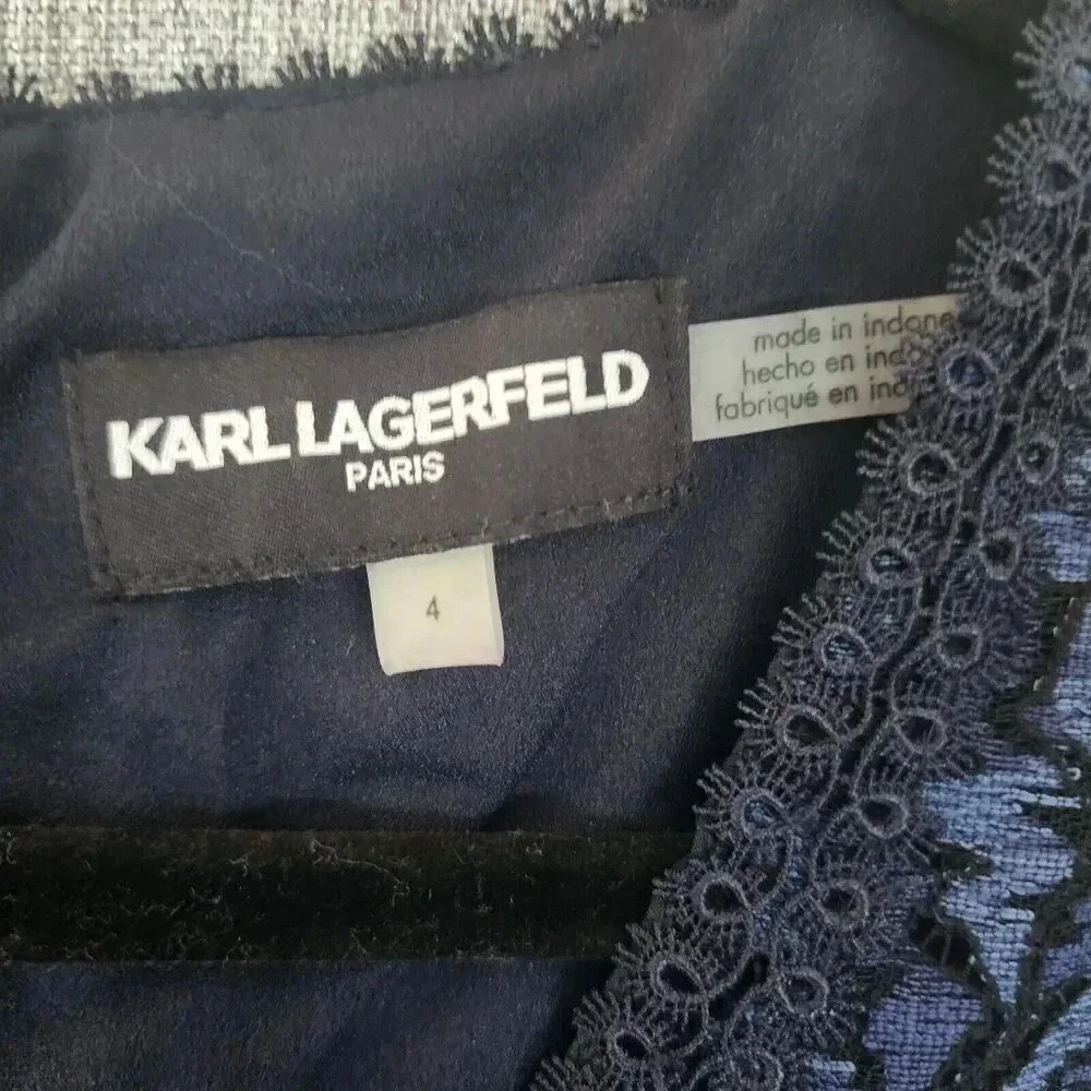 Karl Lagerfeld Cocktail Shift Dress Size 4 Blue & Black Lace Back Zip V-Neck - Picture 4 of 9